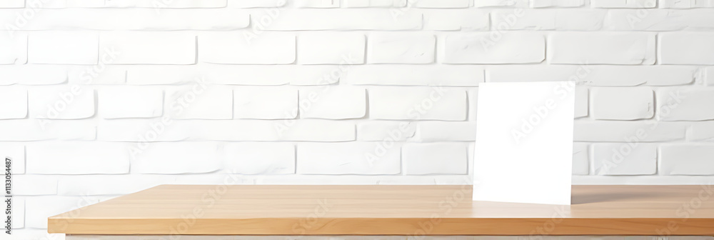 Aufkleber A plain wooden table stands out against a stark white brick wall, accompanied by a simple sheet of paper on its surface._00001_
