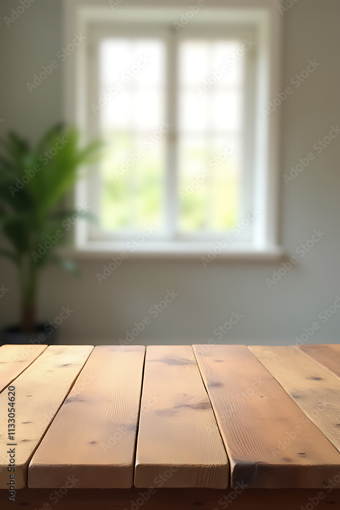 Poster a plain wooden table stands out against a blurred abstract background of a room with a window visibl