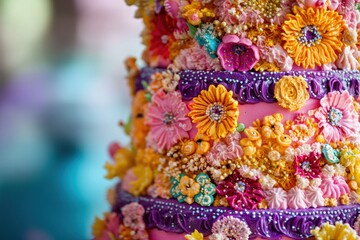 Fototapeta premium Colorful Floral Cake Decorated With Buttercream Flowers