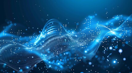 Blue particles form line and surface grid with depth of field and bokeh.