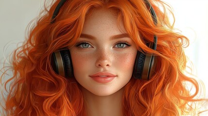 Fototapeta premium a red-haired curly woman with gray eyes, smiling, high cheek bones, listening to song with big headphone on her eairs.
