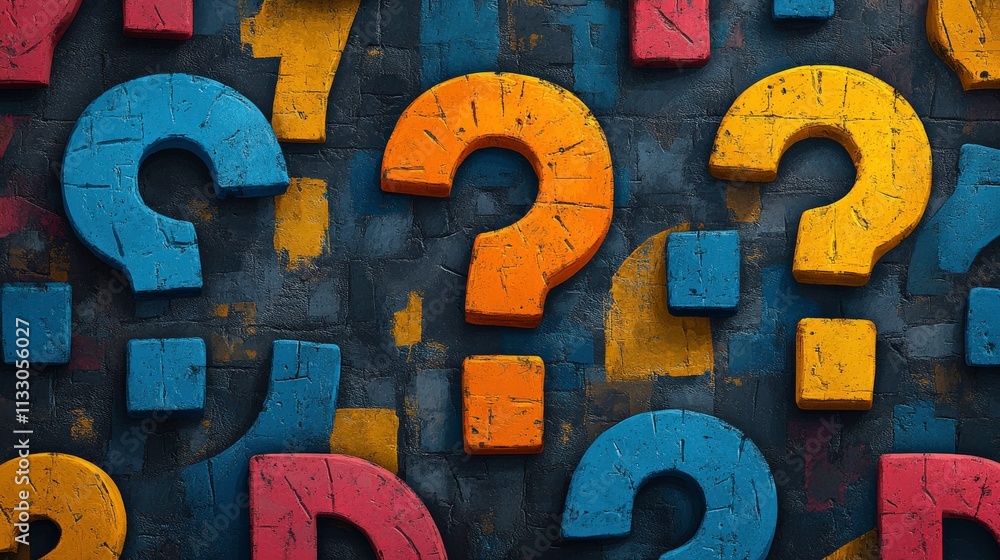 Poster vibrant and colorful question marks on textured background symbolizing inquiry and curiosity in crea