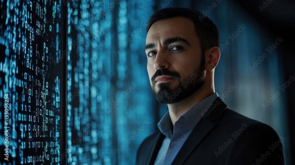 Aufkleber Professional man in business attire standing in a futuristic environment with glowing binary code on the walls, representing technology and data analysis concepts
