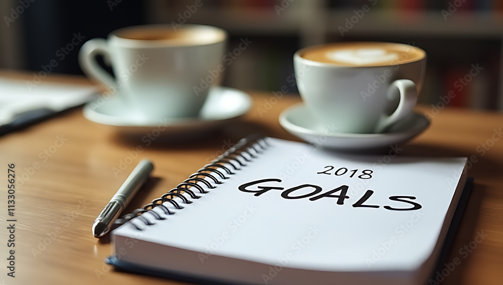 Poster a notepad with 2018 goals written on it sits on a wooden table next to a coffee latte in a business 