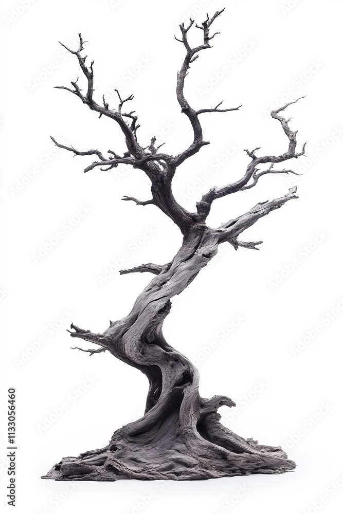 Poster a sinister-looking dead juniper tree, its branches contorted into unnatural shapes, ideal for creati