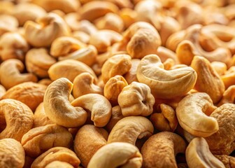 Fototapeta premium Macro view: a close-up pile of raw, whole, dried cashew kernelsâ€”a healthy, organic snack.