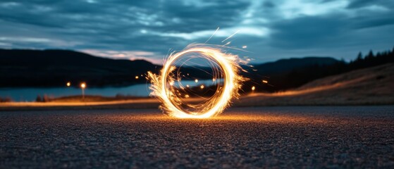 A mesmerizing circle of sparks spins against a twilight backdrop, creating a luminous and dynamic light display on the dark asphalt.
