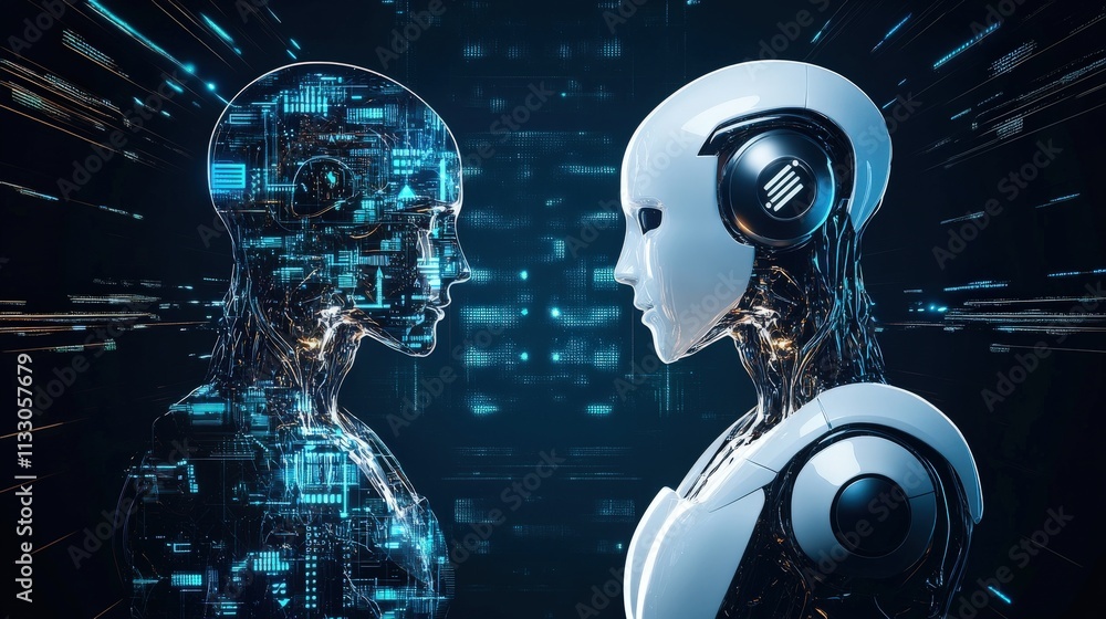 Poster futuristic illustrations of two distinct robots engaged in a thought-provoking interaction, highligh