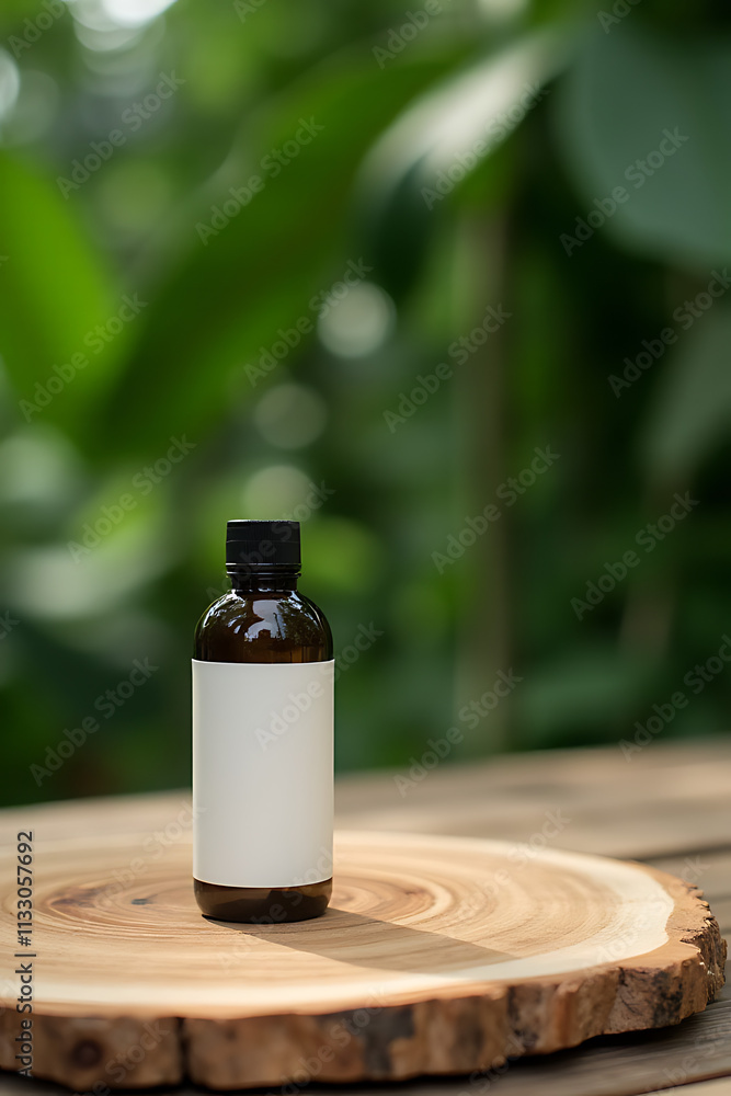 Poster a minimalist wooden tabletop with a natural leaf backdrop for showcasing products in elegant and vis