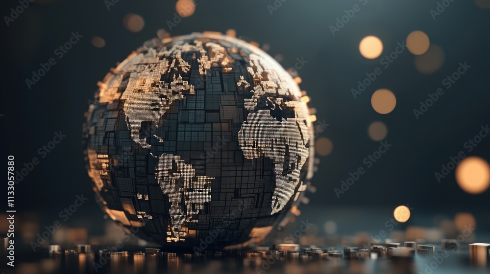 Poster Intricate Digital Globe Design with Geometric Patterns and Soft Bokeh Lights in Background, Representing Global Connectivity and Technology Trends