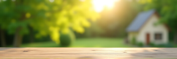 Fototapeta premium A minimalist wooden tabletop with a blurred abstract green background of a garden and house in morning light suitable for montage layouts._00002_