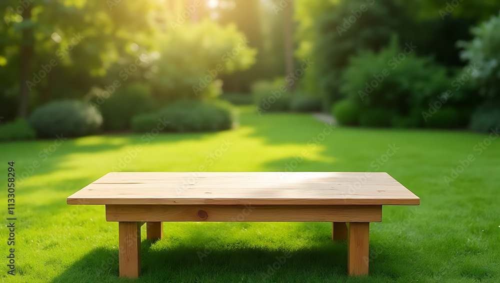 Aufkleber a minimalist wooden table sits empty on a lush green lawn with a garden backdrop for a product displ