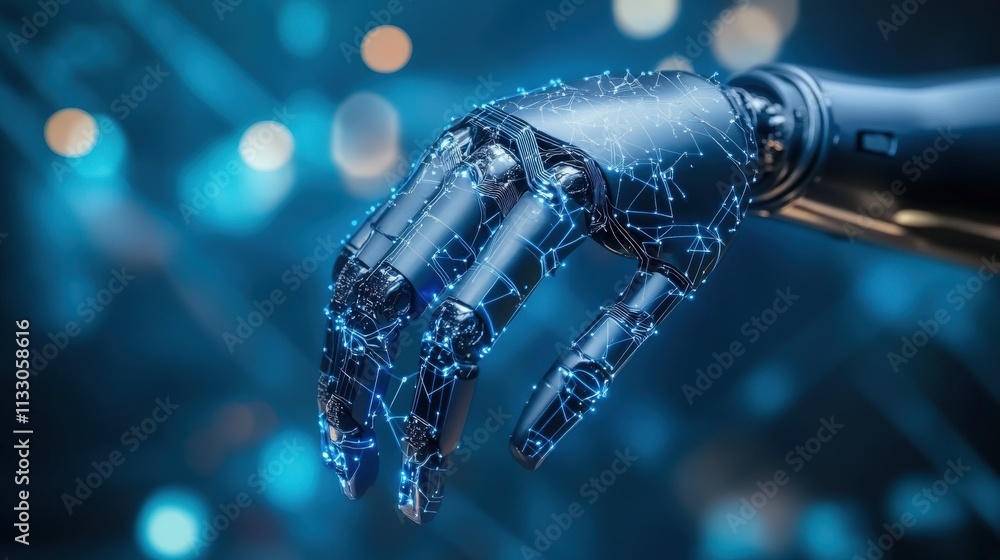 Aufkleber Futuristic Robotic Hand with Digital Connections Showcasing Advances in Technology and Artificial Intelligence for Stock Photo Usage in Business and Science Sectors