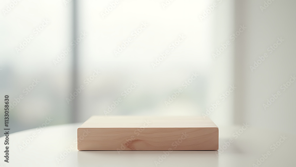 Poster A minimalist wood table stands out in an abstract blurred glass and white background creating a sense of modern simplicity._00001_