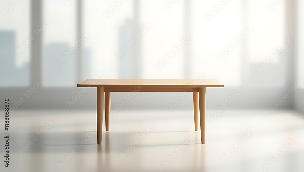 Poster A minimalist wood table stands out in an abstract blurred glass and white background creating a sense of modern simplicity._00002_