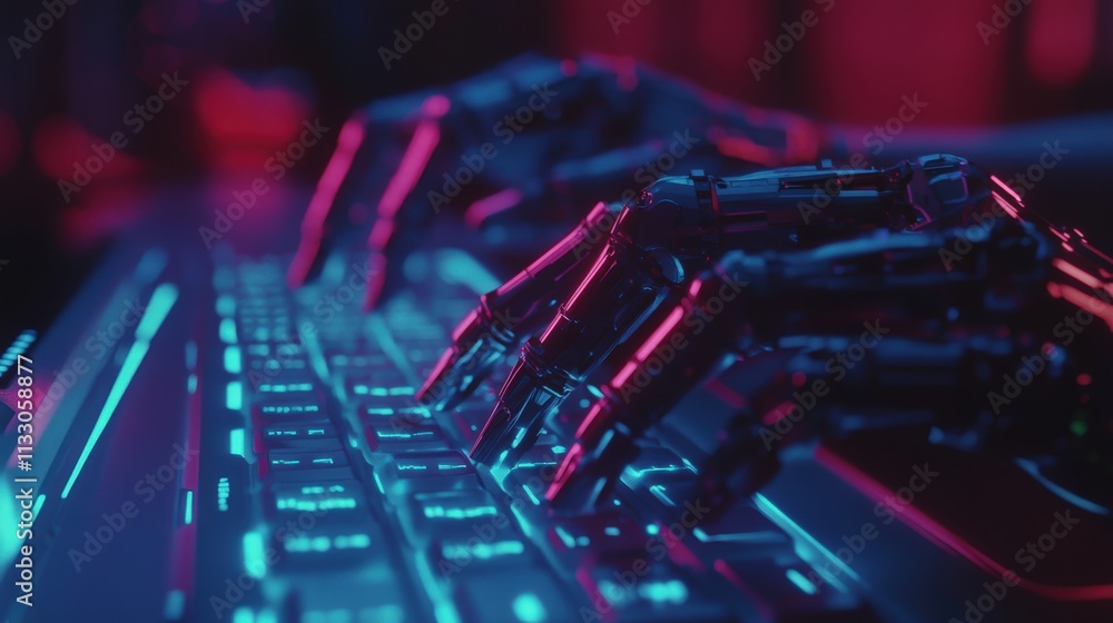 Poster Robotic Hands Typing on a Keyboard with Neon Lights in a Futuristic Environment, Emphasizing Technology and Innovation in a Digital World