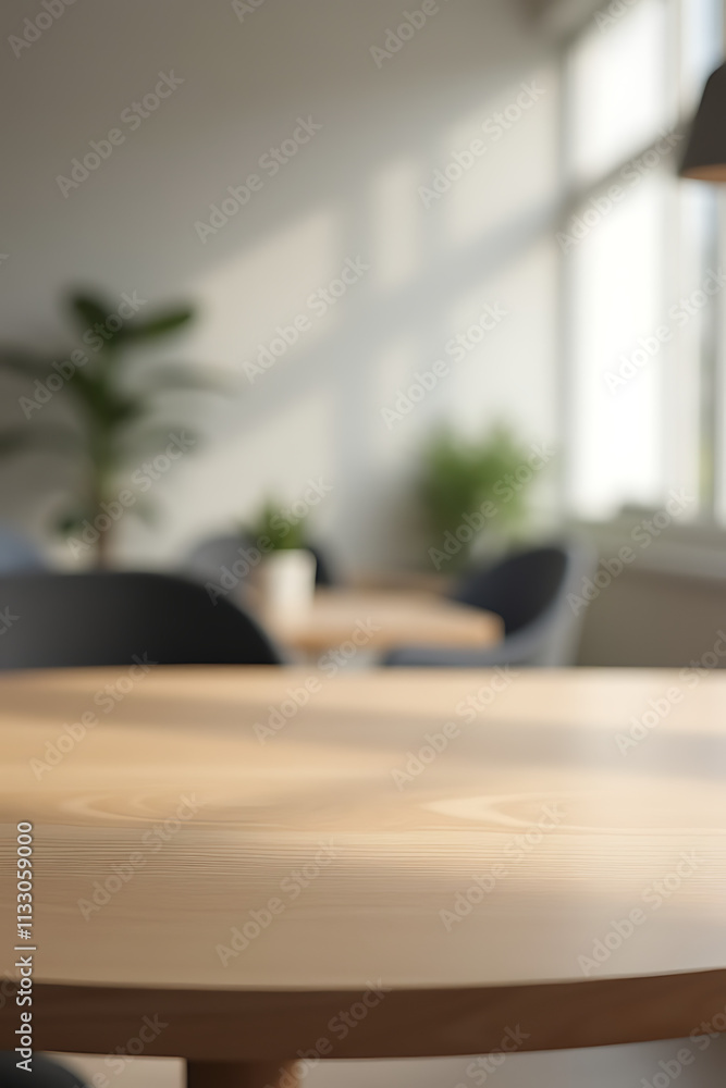Aufkleber A minimalist table with an empty wood surface sits in a blurred background of a modern, abstract room space._00001_