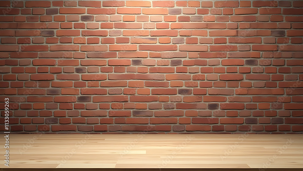 Aufkleber A minimalist setup of a brown brick wall and an empty wooden table top for creating product displays or key visuals._00002_
