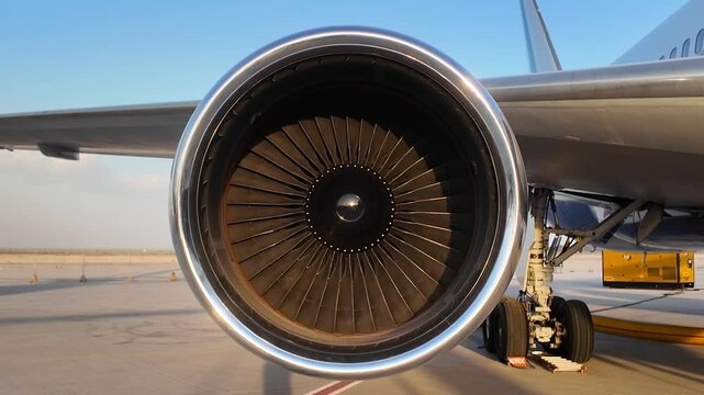 Close-up of a jet engine on an aircraft at an airport with tarmac and equipment visible.