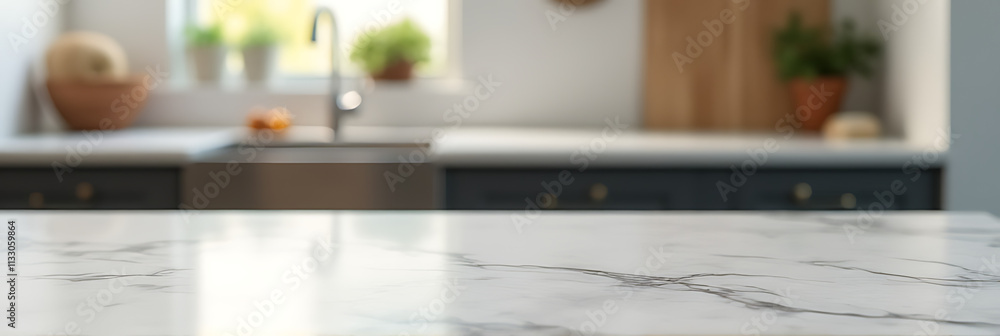 Aufkleber A marble table top is in sharp focus while a blurred kitchen background provides a contrasting visual effect._00002_