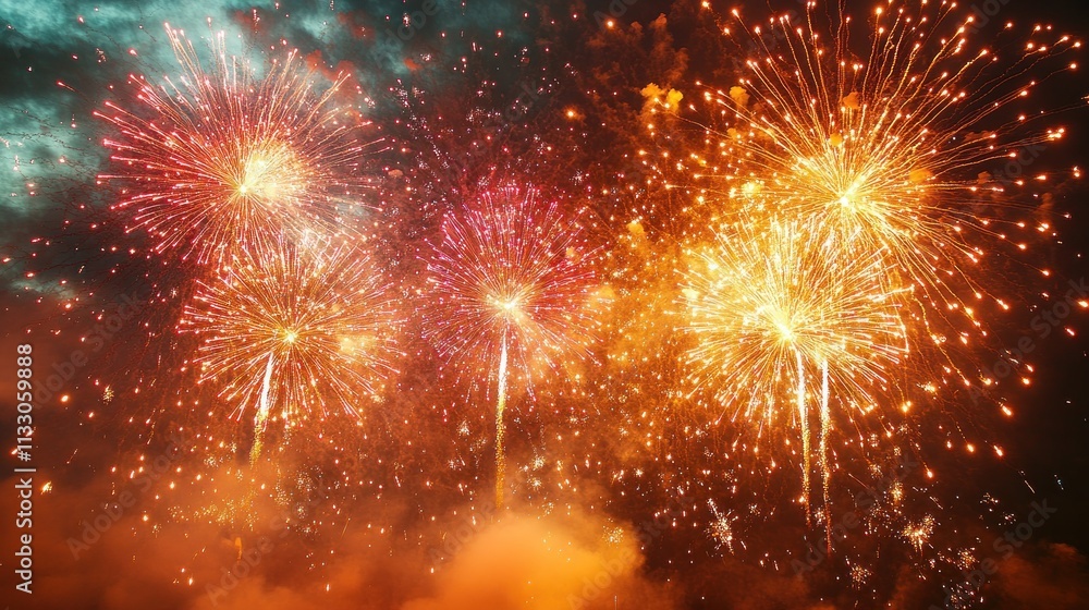 Poster vibrant fireworks display exploding in the night sky, showcasing a multitude of colors and sparks.