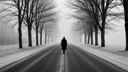 Lonely man walking on a misty road in winter
