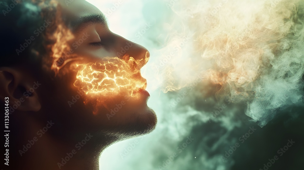 Poster ethereal portrait of a man with flames and smoke effusing from his face, capturing the fusion of emo