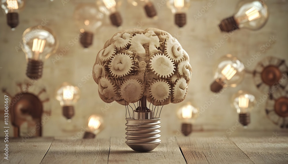 Aufkleber Creative representation of a human brain made of gears and cogs with light bulbs in the background symbolizing innovative ideas and thoughts in a surreal artistic concept.