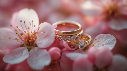 Two golden wedding rings with diamonds nestled amongst delicate pink blossoms.