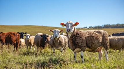 Fototapeta premium Sheep and cows peacefully grazing under a clear blue sky.