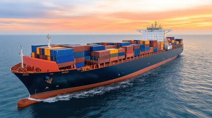 Large Cargo Ship Transporting Colorful Containers Across Calm Ocean During Stunning Sunset Sky