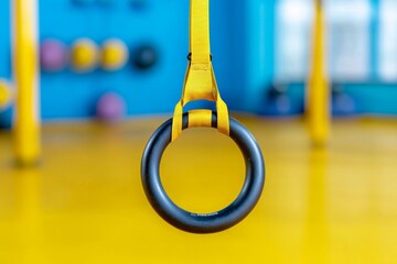 A TRX suspension trainer hanging from a reinforced ceiling bar, ready for functional workouts