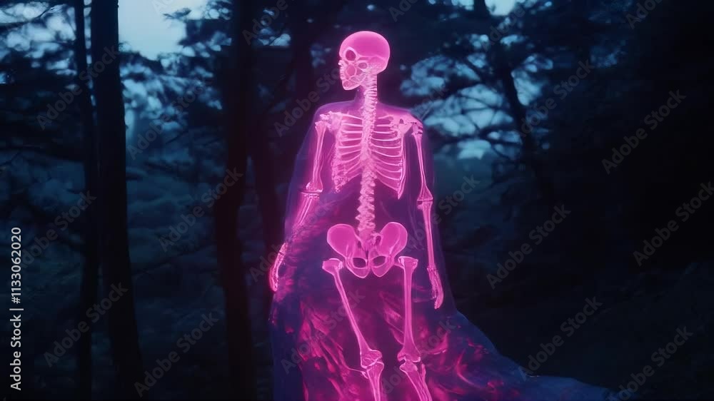 Poster a glowing neon pink skeleton stands in a dark forest, creating a spooky and ethereal atmosphere. ide