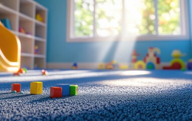 A high-resolution, photorealistic image of a kindergarten room with toys and blocks on the carpet,...