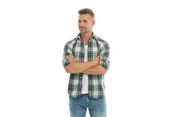 Fototapeta premium Man in checkered shirt isolated on white. Handsome mature man with hair. Stylish male. Men casual style. Portrait of handsome guy in menswear. Stylish menswear fashion. Caucasian mature man