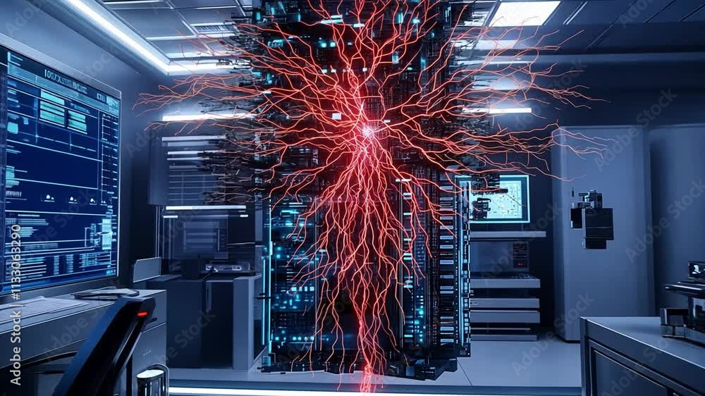 Poster exploring advanced biocomputer technology in a futuristic lab environment