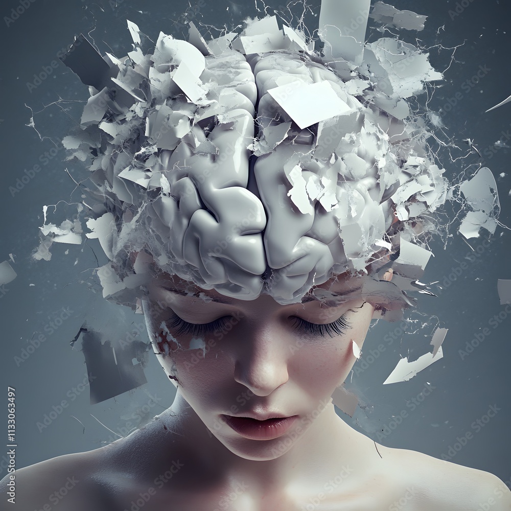 Poster ethereal human head surrounded by fragments and shattered elements, symbolizing the complexity of th