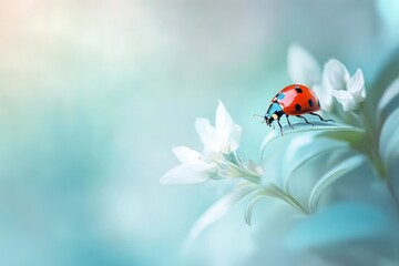Colorful ladybug perched on delicate white flowers against a soft blue background in a tranquil garden setting