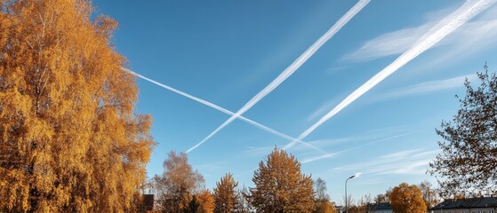 A clear autumn sky crisscrossed with white jet trails above golden trees suggests a crisp day where nature and human endeavors meet beautifully.