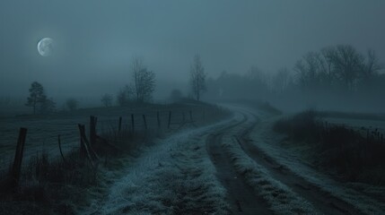 Fototapeta premium Misty night road winding through a foggy field under a crescent moon.