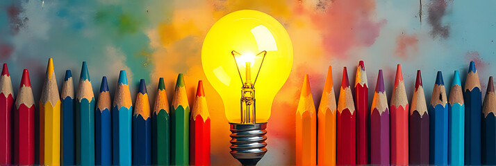 A group of colorful pencils surround a light bulb in a playful painting promoting business creativity and education ideas._00001_
