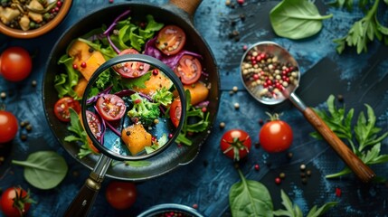 Fototapeta premium Overhead shot of a vibrant salad in a pan, with various fresh vegetables and spices.