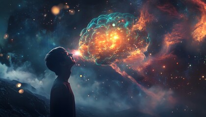 Fototapeta premium A Person Silhouetted Against a Cosmic Background Emitting a Colorful Energy Brain From Their Mouth in a Dreamlike Space Scene