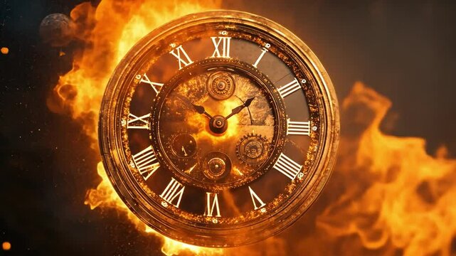 Time on Fire: A vintage clock engulfed in flames, symbolizing the relentless passage of time and the urgency to seize the moment.
