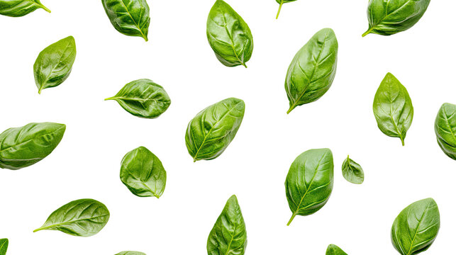 Basil Leaves Pattern:  Fresh basil leaves fall gracefully against a white background, creating a vibrant and visually appealing pattern.