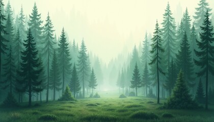 Fototapeta premium Misty forest landscape with tall evergreen trees and lush green grass in a tranquil atmosphere