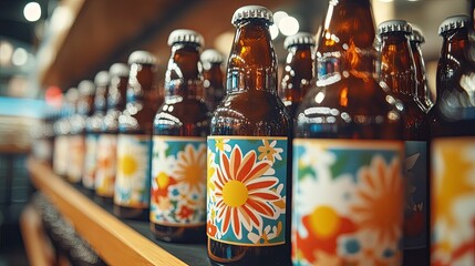 Colorful floral decorated beer bottles on shelf