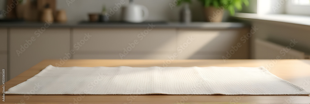 Poster a fabric placemat is placed on a wooden table in a blurred kitchen setting to showcase product place