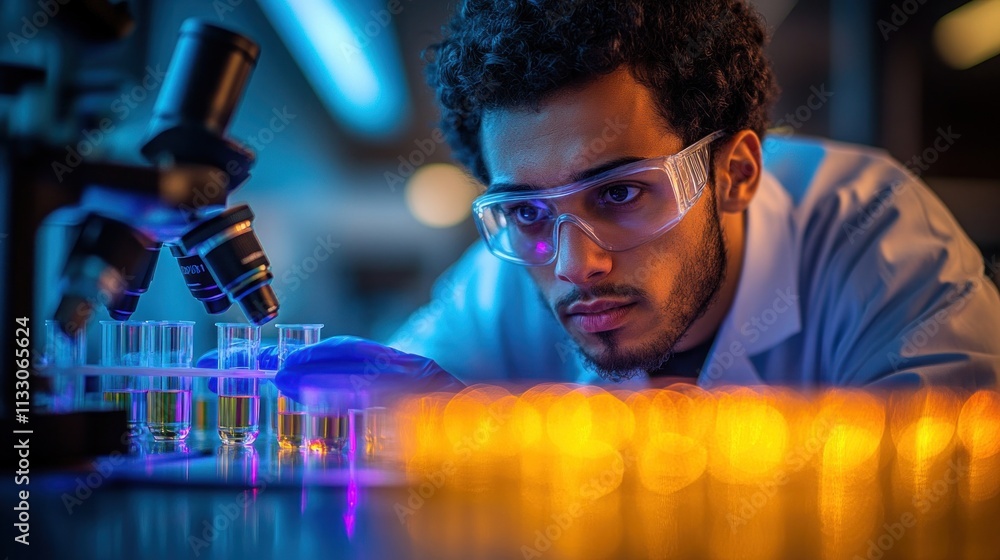 Aufkleber focused scientist examining samples under a microscope in a lab.
