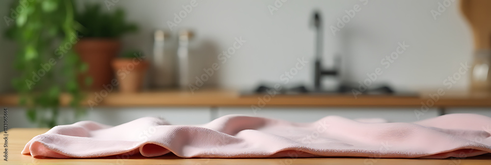 Poster a fabric or cloth is placed on a wood table top against a blurred kitchen background for product dis